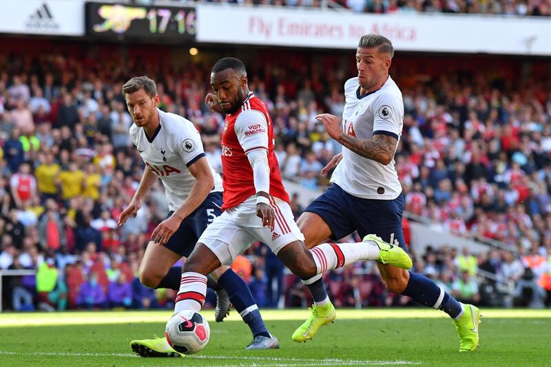 Arsenal's Alexandre Lacazette lashes home to make the score 2-1. AFP