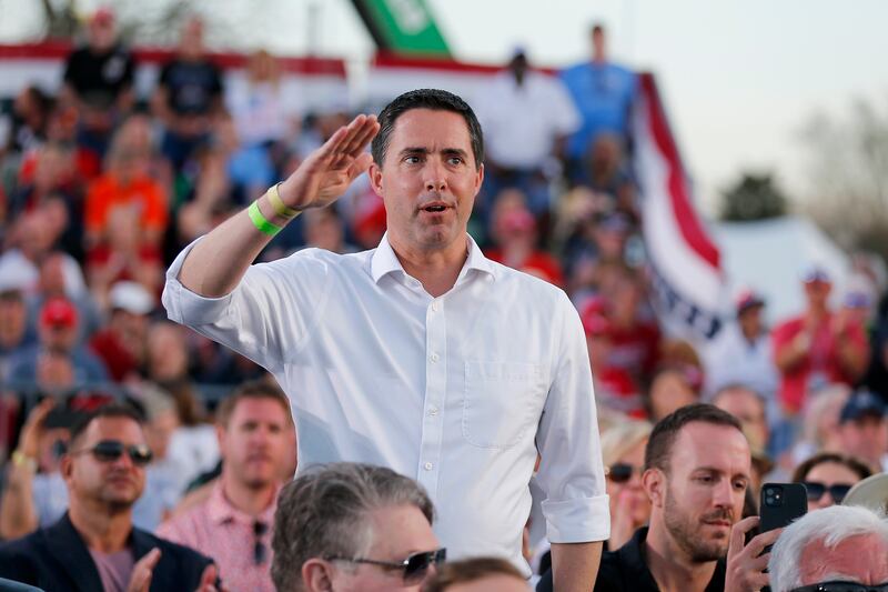 Ohio Secretary of State Frank LaRose was acknowledged by former president Donald Trump at Saturday's Save America rally at the Delaware County Fairgrounds. AP