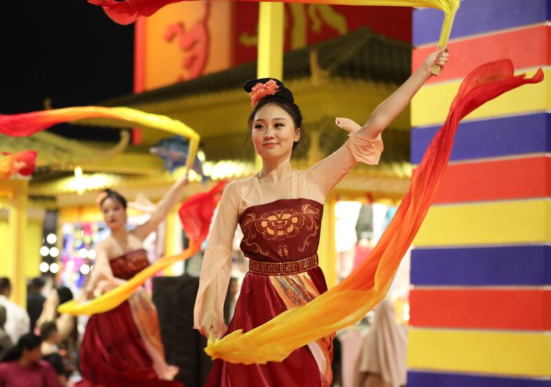 Chinese dancers at the China pavilion in Global Village, Dubai. Chris Whiteoak / The National