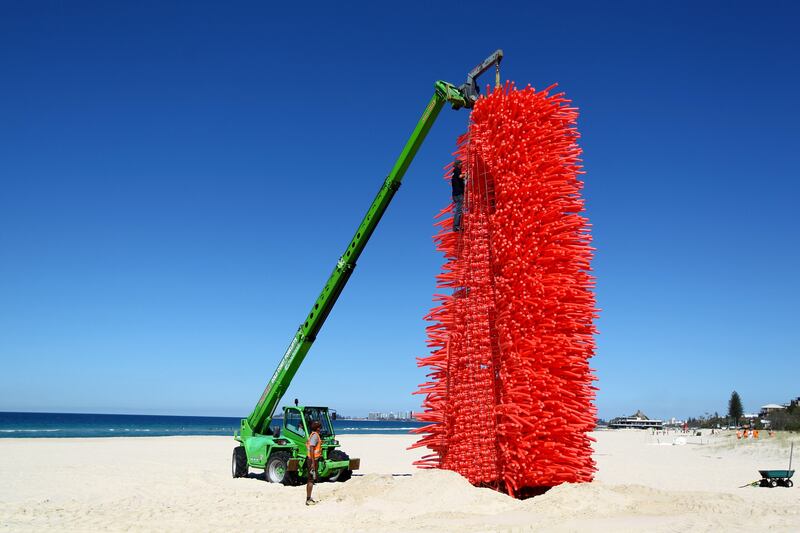 Artworks being installed on Currumbin Beach for the 15th Swell Sculpture Festival in Queensland, Australia.  David Clark / EPA