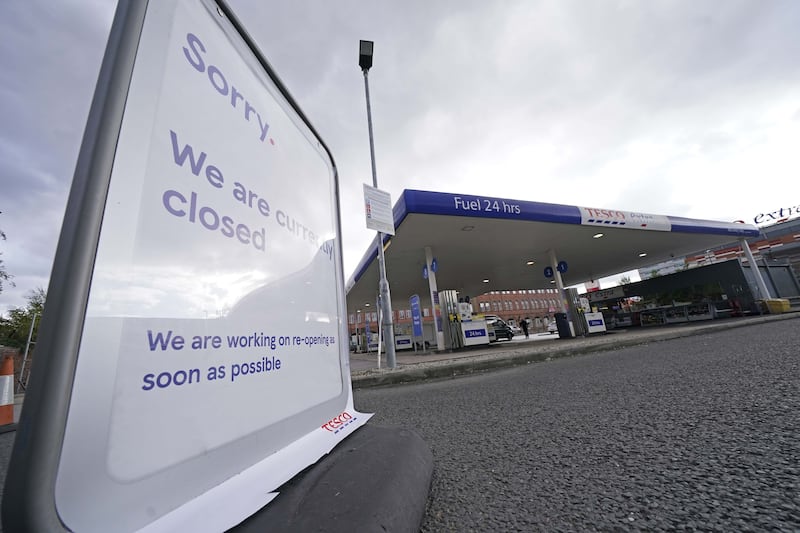 A petrol station in Sheffield, England. UK motorists are being advised to keep a quarter of a tank of fuel in their vehicles after a shortage of lorry drivers disrupted deliveries. Photo: PA