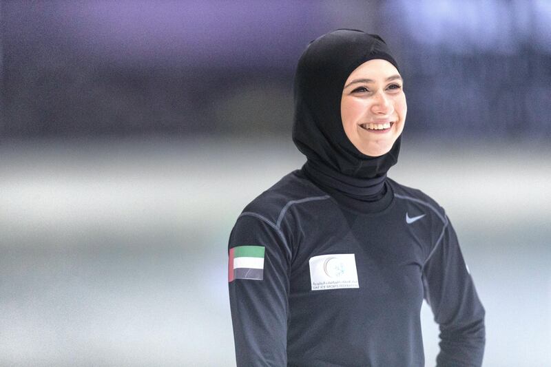Abu Dhabi, United Arab Emirates, August 24, 2017:    Zahra Lari, an Emirati figure skater who is working towards qualifying for the 2018 Winter Olympics, trains at the Ice Rink in the Zayed Sports City area of Abu Dhabi on August 24, 2017. Christopher Pike / The National

Reporter: Amith Passela
Section: Sport