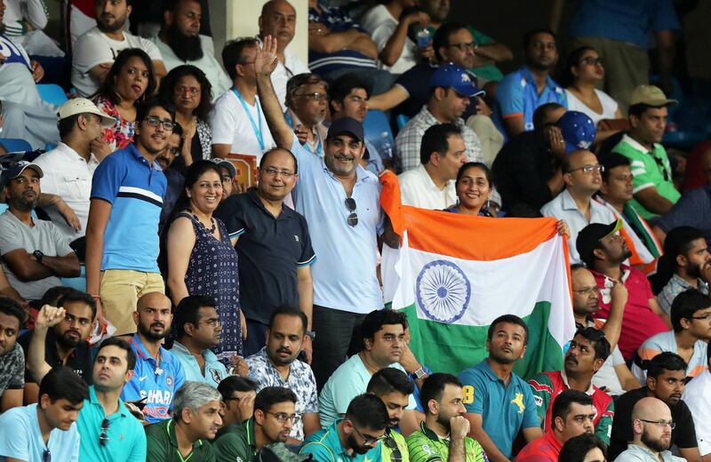 DUBAI , UNITED ARAB EMIRATES, September 19 , 2018 :- Supporters of India during the  Asia Cup UAE 2018 cricket match between Pakistan vs India held at Dubai International Cricket Stadium in Dubai. ( Pawan Singh / The National )  For Sports. Story by Paul 