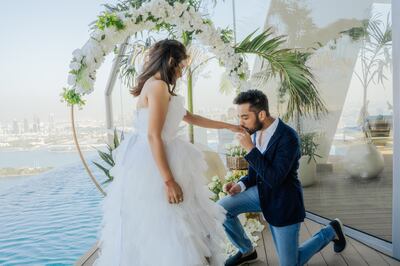 Yash Patel and Kinna Abhani planned their engagement at Aura Skypool Dubai together. Photo: Proposal Boutique 