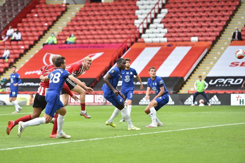 Sheffield United's Oliver McBurnie, fourth right, scores his side's second goal at Bramall Lane on Saturday. AP