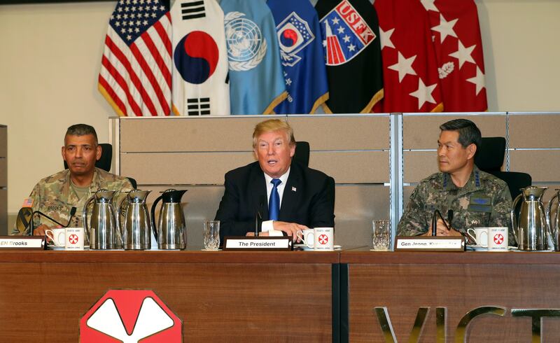 US president Donald Trump speaks during his visit to the situation room of the Eighth US Army's headquarters at Camp Humphreys in Pyeongtaek, South Korea. Yonhap / EPA