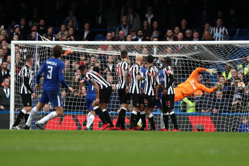 LONDON, ENGLAND - JANUARY 28:  Marcos Alonso of Chelsea scores his sides third goal during The Emirates FA Cup Fourth Round match between Chelsea and Newcastle on January 28, 2018 in London, United Kingdom.  (Photo by Catherine Ivill/Getty Images)