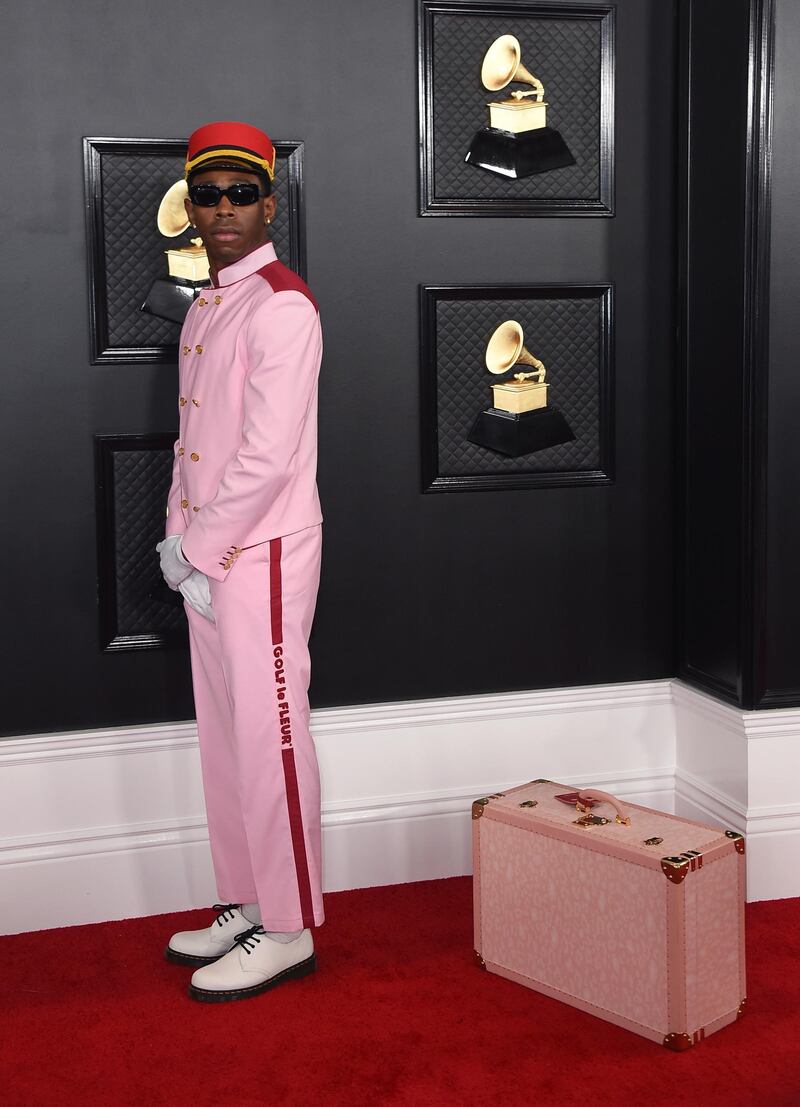 Tyler, the Creator arrives at the 62nd annual Grammy Awards at the Staples Center on Sunday, Jan. 26, 2020, in Los Angeles. AP