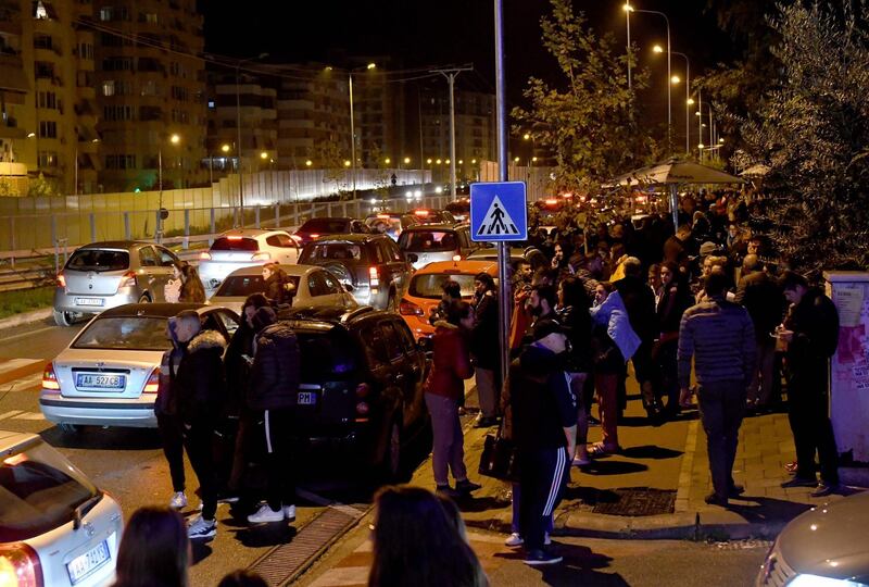 Residents gather outdoors in Tirana after two earthquakes above 6.3 magnitude struck the Adriatic coastline of Albania.  AFP