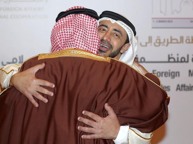 Abu Dhabi, United Arab Emirates - March 01, 2019: Sheikh Abdullah bin Zayed, UAE Minister of Foreign Affairs and International Cooperation greets Khalid bin Ahmed Al Khalifa at the OIC Ministerial Meeting. Friday the 1st of March 2019 at Emirates Palace, Abu Dhabi. Chris Whiteoak / The National