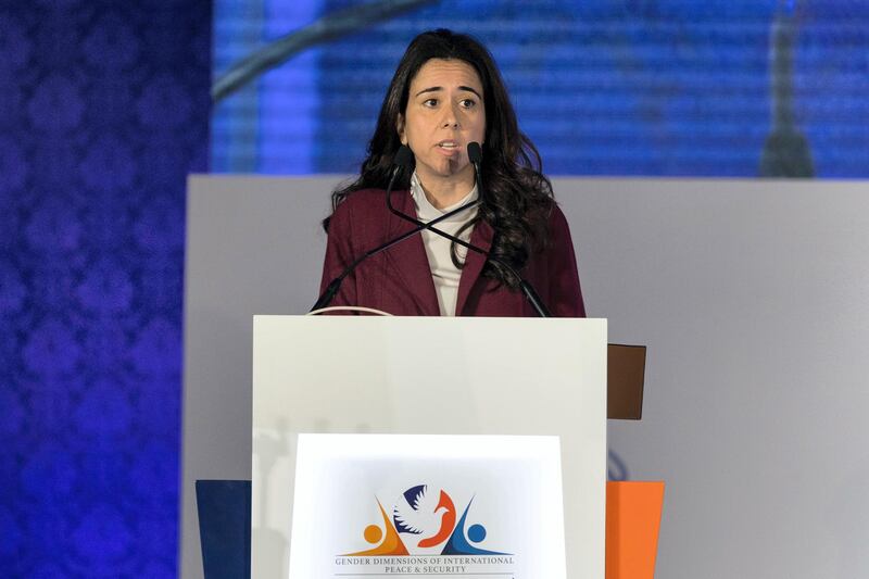 Abu Dhabi, United Arab Emirates, December 18, 2017:    Lana Zaki Nusseibeh Ambassador and Permanent Representative of the United Arab Emirates to the United Nations delivers one of the keynote speeches during the Gender Dimensions of International Peace and Security conference at the Ritz Carlton Grand Canal hotel in the Khor Al Maqta'a area of Abu Dhabi on December 18, 2017. Christopher Pike / The National

Reporter: Caline Malek
Section: News
