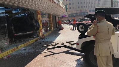 Three people were injured after the Nissan Pajero drove into a shop in Dubai. Dubai Police    