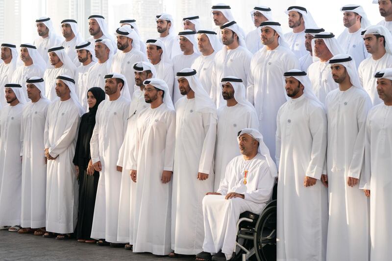 ABU DHABI, UNITED ARAB EMIRATES - June 18, 2018: HH Sheikh Mohamed bin Zayed Al Nahyan, Crown Prince of Abu Dhabi and Deputy Supreme Commander of the UAE Armed Forces (front row 6th R), stands for a photograph with the UAE civilians and members of the UAE Armed Forces that have visited members of the UAE Armed Forces that are serving abroad. Seen with HH Sheikh Hamdan bin Zayed Al Nahyan, Ruler’s Representative in Al Dhafra Region (front row 7th R), HH Sheikh Issa bin Zayed Al Nahyan (front row L), HE Maryam Eid Al Mheiri, CEO of Media Zone Authority & and twofour54 (front row 10th R), HE Brigadier General Saleh Mohamed Saleh Al Ameri, Commander of the UAE Ground Forces (front row 8th R), HE Sheikh Abdulla bin Mohamed Al Hamed, Chairman of the Health Department and Abu Dhabi Executive Council Member (front row 3rd R) and HE Omar bin Sultan Al Olama, UAE Minister of State for Artificial Intelligence (front row 2nd R).

(Rashed Al Mansoori / Crown Prince Court - Abu Dhabi )
---
