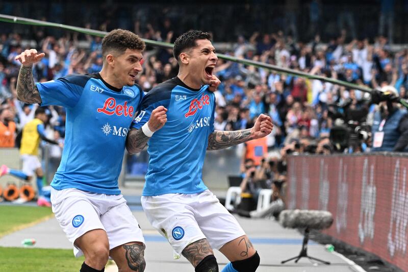 Napoli's Mathias Olivera, right, celebrates with teammate Giovanni Di Lorenzo after scoring against Salernitana in their Serie A draw on April 30, 2023. AFP