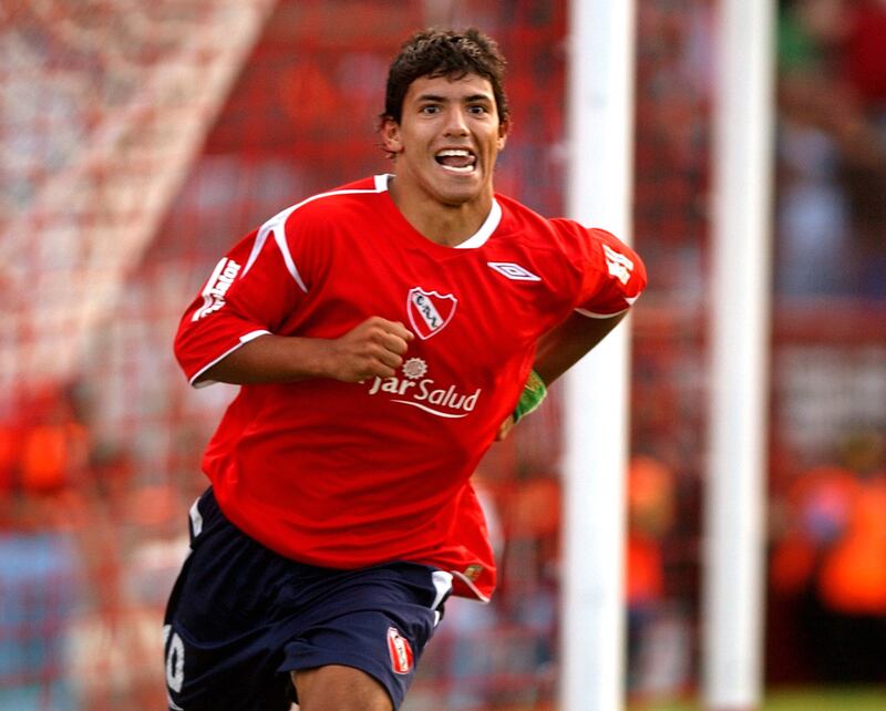 Sergio Aguero after scoring for Independiente reacts against River Plate in March, 2006. AP