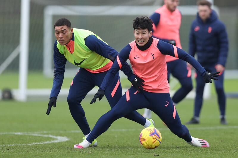 ENFIELD, ENGLAND - JANUARY 27: Heung-Min Son and Carlos Vinicius of Tottenham Hotspur during the Tottenham Hotspur training session at Tottenham Hotspur Training Centre on January 27, 2021 in Enfield, England. (Photo by Tottenham Hotspur FC/Tottenham Hotspur FC via Getty Images)