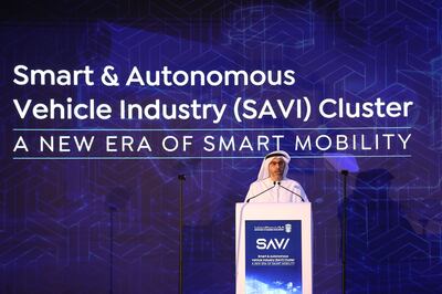 Badr Al Olama, acting director general of the Abu Dhabi Investment Office, delivering a keynote speech at the launch of the Smart and Autonomous Vehicle Industry cluster in Abu Dhabi. Chris Whiteoak / The National