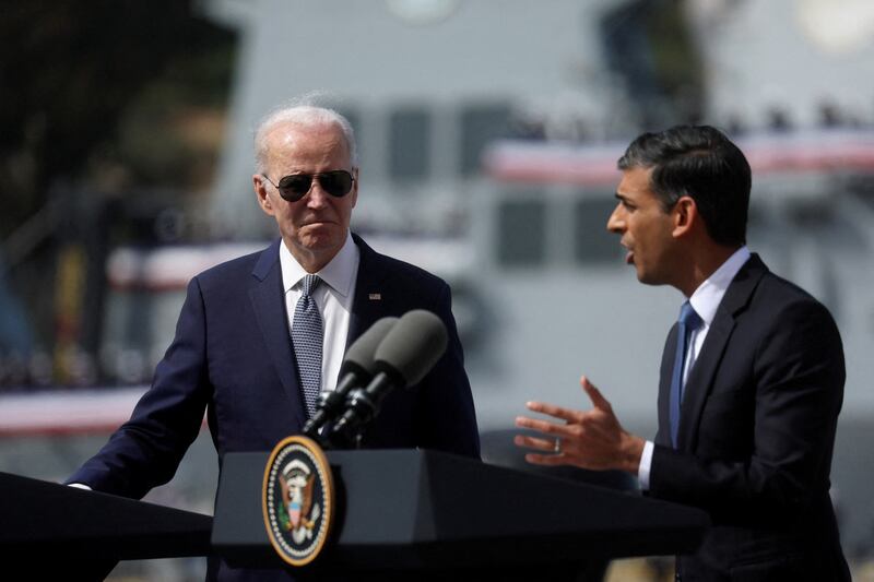 UK Prime Minister Rishi Sunak delivers remarks on Aukus, a trilateral security pack for the Indo-Pacific, while standing next to US President Joe Biden and Australian Prime Minister Anthony Albanese in San Diego in March. Reuters