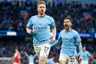 Manchester City's Kevin De Bruyne celebrates after scoring the opening goal during the English Premier League soccer match between Manchester City and Arsenal at Etihad stadium in Manchester, England, Wednesday, April 26, 2023.  (AP Photo / Dave Thompson)