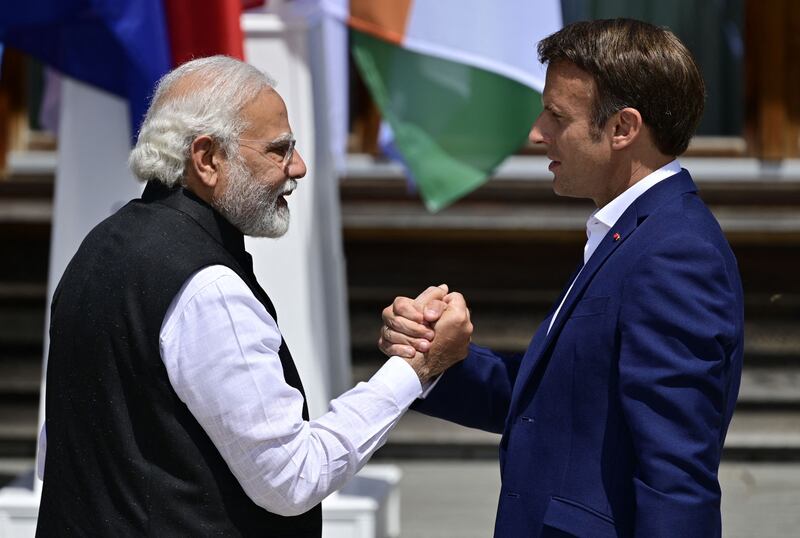 India's Prime Minister Narendra Modi and France's President Emmanuel Macron at the G7 meeting in southern Germany in 2022. AFP