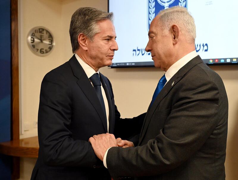 Israeli Prime Minister Benjamin Netanyahu and Mr Blinken during a meeting at the Kirya. EPA
