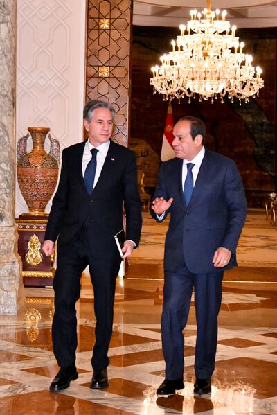 Egyptian president Abdel Fattah El Sisi (R) walking alongside US Secretary of State Antony Blinken during a meting in Cairo at the Ittihadia presidential Palace, on January 11, 2024. AFP 