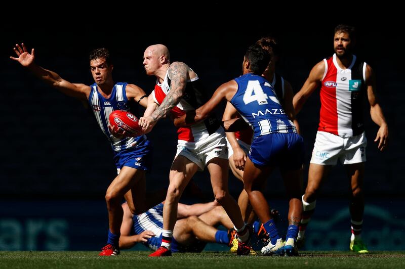 Zac Jones of the Saints during the round 1 AFL match between the North Melbourne Kangaroos and the St Kilda Saints at Marvel Stadium in Melbourne on Sunday. Getty Images