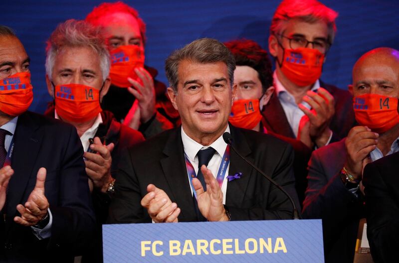 Newly elected FC Barcelona president Joan Laporta and his staff. Reuters