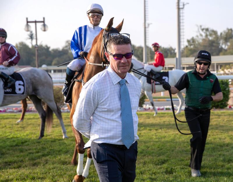 Abu Dhabi, United Arab Emirates, March 8, 2020.  14th Race Meeting, Abu Dhabi Equestrian Club.
Official Starter, Shane Ryan before the race..
Victor Besa / The National
Section:  Sports
Reporter;  Amith Passela