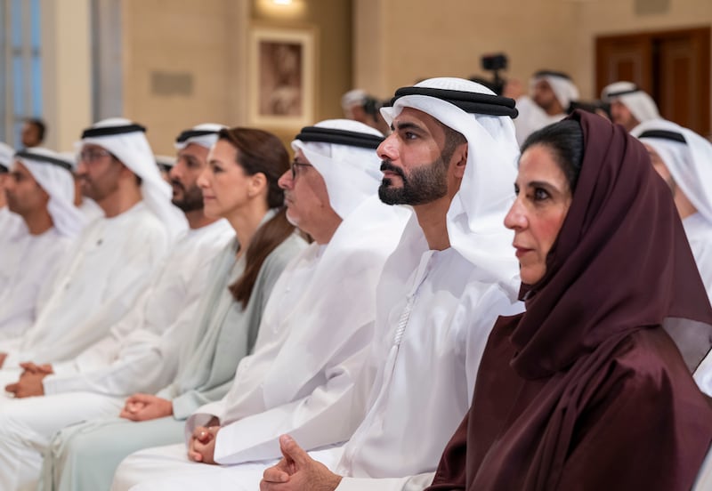 Salem Al Qassimi, Minister of Culture and Youth, Abdulrahman Al Awar, Minister of Human Resources and Emiratisation, and other ministers were also in attendance. Photo: Abdulla Al Bedwawi / Presidential Court