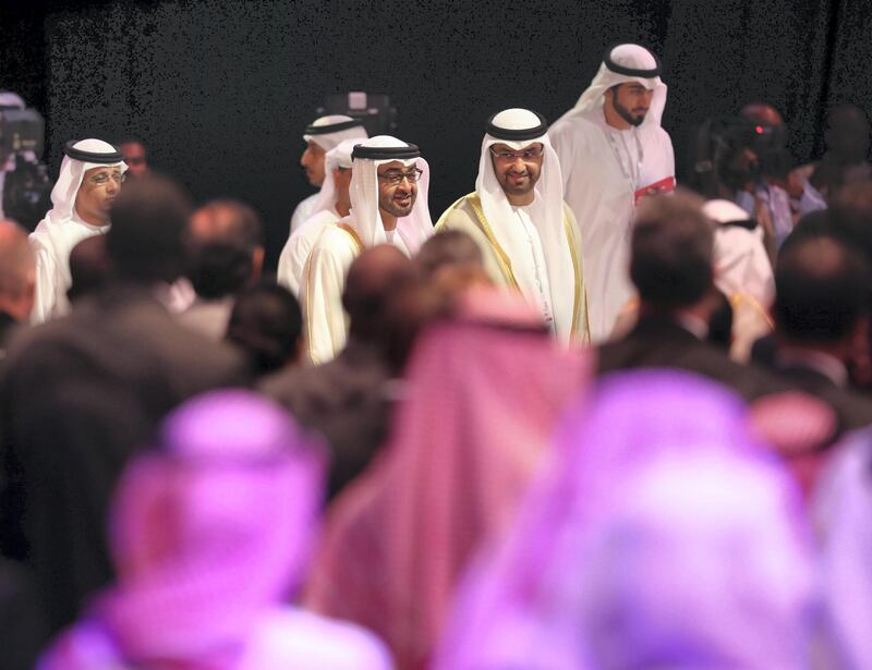 Abu Dhabi, United Arab Emirates - January 15th, 2018: Sheikh Mohammed bin Zayed Al Nahyan arrives at the Sheikh Zayed Future Energy Prize awards ceremony as part of Abu Dhabi Sustainability Week. Monday, January 15th, 2018 at Abu Dhabi National Exhibition Centre (ADNEC), Abu Dhabi. Chris Whiteoak / The National