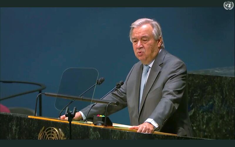 United Nations Secretary-General Antonio Guterres speaks during the 75th session of the United Nations General Assembly. UNTV Via AP
