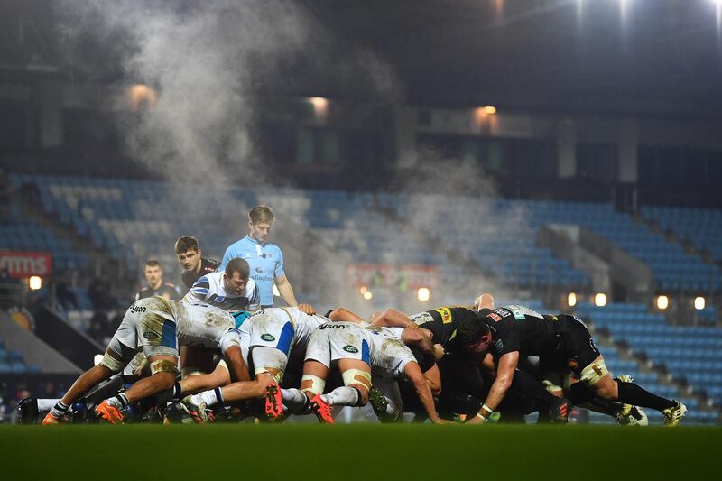 Steam rises from a scrum during the Premiership Rugby match between Exeter Chiefs and Bath at Sandy Park on November 28. Exeter won the match 40-3. Getty