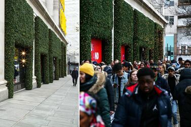 Right: Crowds outside Selfridges during Christmas last year. Left: Selfridges this year. Getty Images / Rob Greig for The National