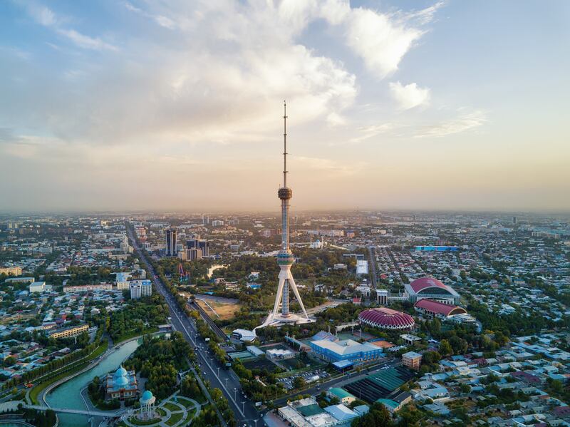 Tashkent TV Tower Aerial Shot During Sunset in Uzbekistan taken in 2018