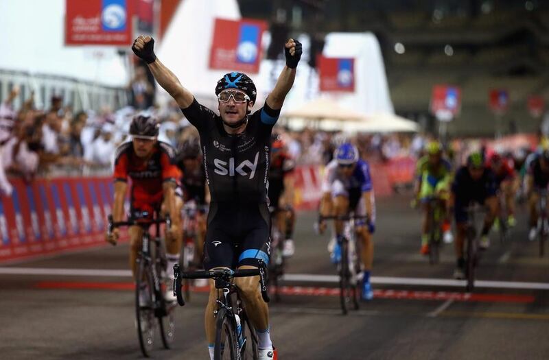 Elia Viviani of Team Sky crosses the finish line to win Stage 4 of the 2015 Abu Dhabi Tour on October 11, 2015 in Abu Dhabi, UAE. Francois Nel / Getty Images 