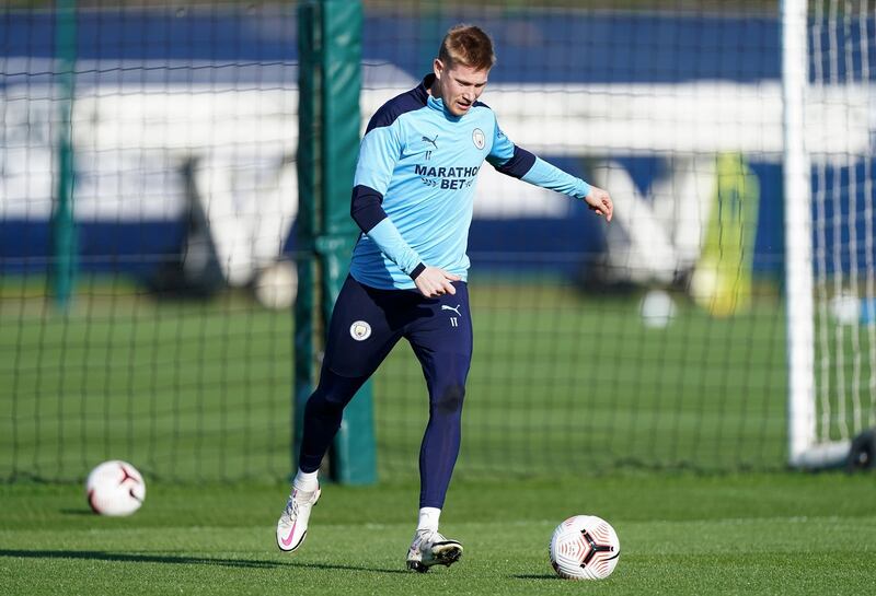 MANCHESTER, ENGLAND - NOVEMBER 06: Kevin de Bruyne of Manchester City in action during a training session at Manchester City Football Academy on November 06, 2020 in Manchester, England. (Photo by Matt McNulty - Manchester City/Manchester City FC via Getty Images)