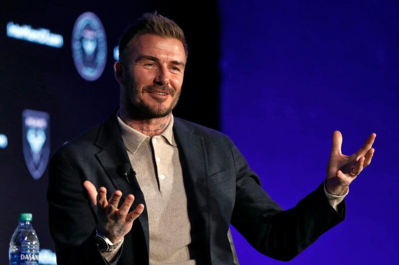 David Beckham, Inter Miami CF co-owner, is interviewed during the Major League Soccer 25th Season kickoff event in New York, Wednesday, Feb. 26, 2020. (AP Photo/Richard Drew)