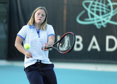 Abu Dhabi, U.A.E., October 22, 2018.  
Clara Lehmkuhl has Down Syndrome and is training to play singles tennis at the upcoming Special Olympics; it is also Down Syndrome Awareness month.
Victor Besa / The National
Section:  NA
Reporter:  Ann Marie McQueen
