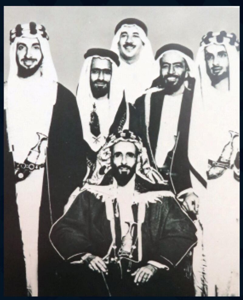 The Abu Dhabi delegation: centre (sitting) the then Ruler of Abu Dhabi, Sheikh Shakhbut bin Sultan Al Nahyan. From left to right, his brother Sheikh Zayed bin Sultan Al Nahyan, the then Ruler’s Representative in Abu Dhabi’s Eastern Region, Khalifa bin Yousef, Victor Hashem, Abdullah bin Ghanoum and Sheikh Saeed bin Shakhbut Al Nahyan, son of Sheikh Shakhbut.The late Victor Hashem was a close companion to the Sheikhs. Courtesy The Victor Hashem Family Collection 