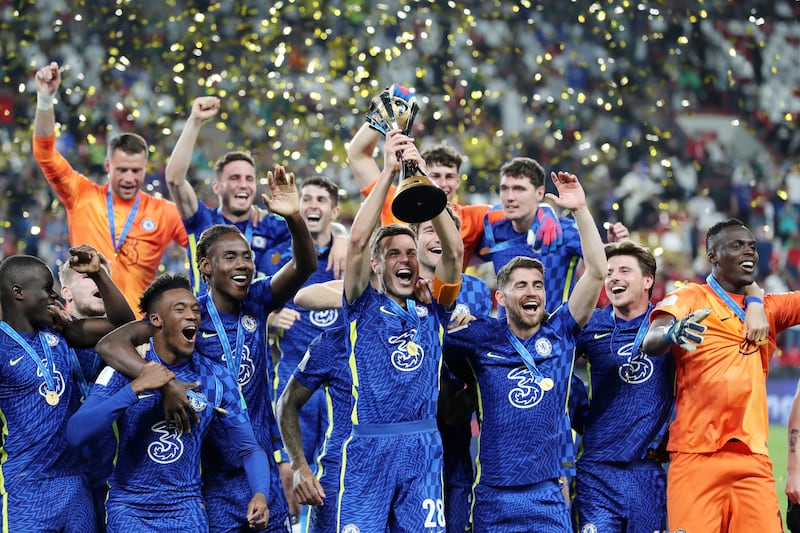 Chelsea celebrate winning the Fifa Club World Cup final after defeating Palmeiras at the Mohammed bin Zayed Stadium in Abu Dhabi on Saturday, February 12, 2022. All images Chris Whiteoak / The National