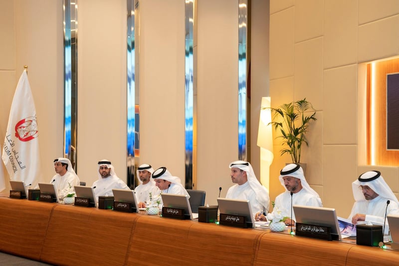 ABU DHABI, UNITED ARAB EMIRATES - November 04, 2018: HE Awaidha Murshed Al Murar, Chairman of Department of Municipal Affairs and Transport and Abu Dhabi Executive Council Member (2nd R), HE Khaldoon Khalifa Al Mubarak, CEO and Managing Director Mubadala, Chairman of the Abu Dhabi Executive Affairs Authority and Abu Dhabi Executive Council Member (3rd R), HE Suhail bin Mohamed Faraj Faris Al Mazrouei, UAE Minister of Energy (5th R), HH Sheikh Theyab bin Mohamed bin Zayed Al Nahyan, Chairman of the Department of Transport, and Abu Dhabi Executive Council Member (6th R) and HH Sheikh Mansour bin Zayed Al Nahyan, UAE Deputy Prime Minister and Minister of Presidential Affairs (R), attend a Supreme Petroleum Council meeting at the Abu Dhabi National Oil Company (ADNOC) Headquarters.
( Mohamed Al Hammadi / Ministry of Presidential Affairs )
---