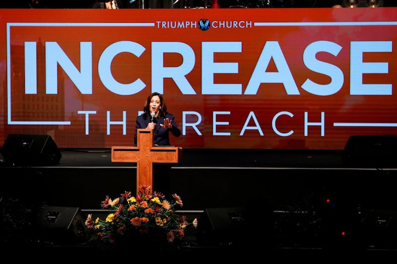 Democratic vice presidential nominee Senator Kamala Harris speaks at Triumph Church in Southfield, Michigan. AFP