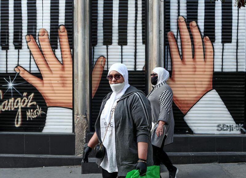 epa08392157 Women walk with face masks in Istanbul, Turkey, 29 April 2020. Turkish President Recep Tayip Erdogan announced that there will be another curfew in 31 big cities, including Istanbul (the country's most populous urban agglomeration), between 01-03 May due to the ongoing pandemic of the COVID-19 disease caused by the SARS-CoV-2 coronavirus. The government has also decreed the cancellation of public events and has temporarily shut down schools and suspended sporting events amid the pandemic.  EPA/SEDAT SUNA