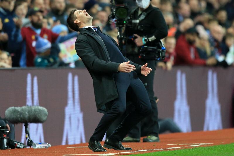 Aston Villa's manager Steven Gerrard reacts on the touchline at Villa Park in his first game in charge. AFP