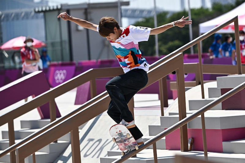 Yuto Horigome of Team Japan competes at the Skateboarding Men's Street Finals.