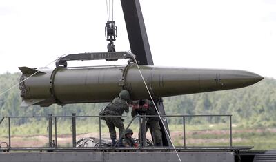 Russian servicemen load a Iskander tactical missile system near Moscow. It is now estimated that just 120 of the weapons with a 500km range remain in their inventory. Reuters
