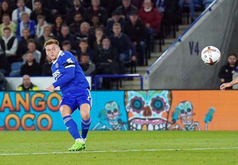 Harvey Barnes scores Leicester City's second goal. PA