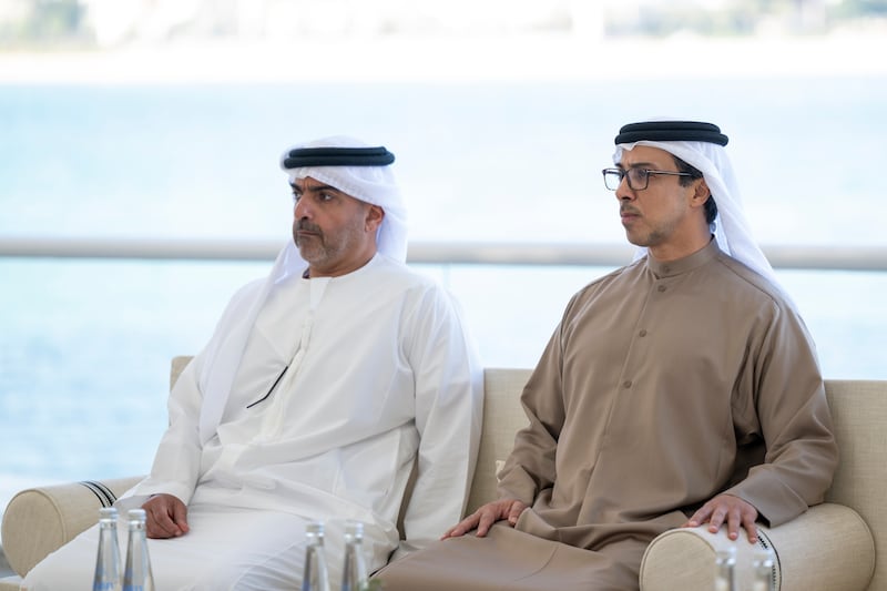 Sheikh Mansour bin Zayed, Vice President, Deputy Prime Minister and Chairman of the Presidential Court, and Sheikh Hamed bin Zayed, attend the Sea Palace barza. Abdulla Al Bedwawi / UAE Presidential Court 