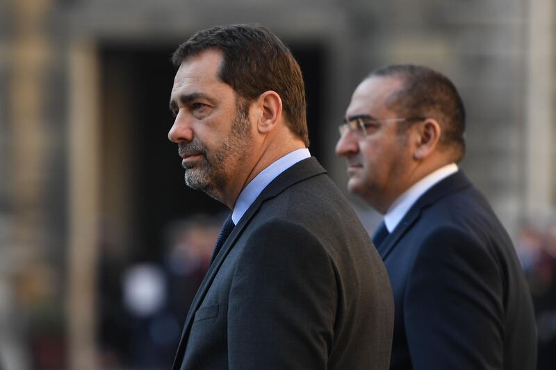 French Interior Minister Christophe Castaner (L) and French Junior Interior Minister Laurent Nunez attend the inauguration ceremony of newly appointed Paris police Prefect Didier Lallement in Paris, on March 21, 2019.   / AFP / Christophe ARCHAMBAULT
